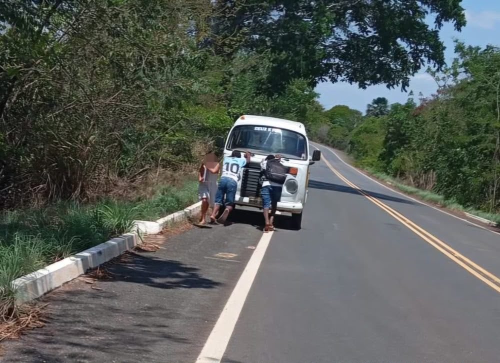 Estudantes empurram kombi para chegar à escola na zona rural de Palmeirante — Foto: Reprodução