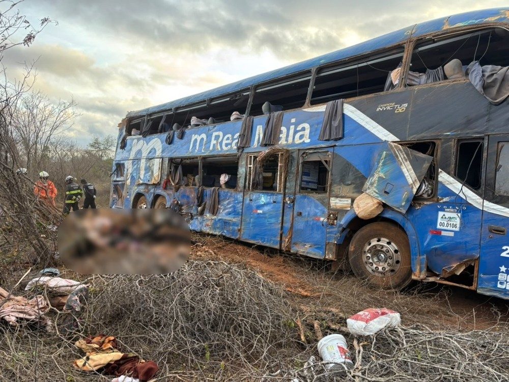 Ônibus tombou na BR-122, em Iraquara, na Bahia. — Foto: Redes Sociais